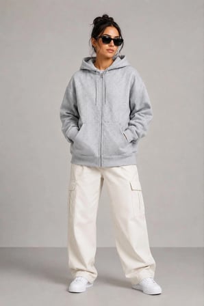 Kadın 3 İplik Şardonlu Tam Fermuarlı Kapüşonlu Arka Çanta Detaylı Sweatshirt - Gri