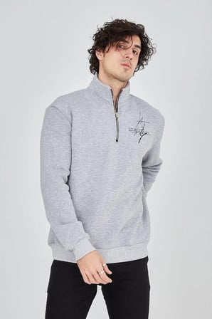 Yarım Fermuarlı Baskılı Sweat - Gri