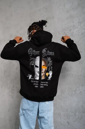 Marsilyan Erkek Oversize Sweatshirt Siyah Kapüşonlu Pamuklu Baskılı