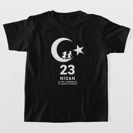 Çocuk 23 Nisan Ulusal Egemenlik ve Çocuk Bayramı Baskılı Bisiklet Yaka T-shirt - Siyah