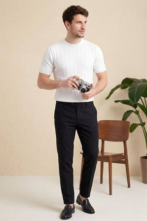 Erkek Yazlık Fitilli Triko Tişört Kısa Kol Bisiklet Yaka T-Shirt - Beyaz