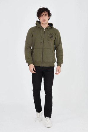 Erkek 3 İplik Pamuklu Fermuarlı Kapüşonlu Kanguru Cepli Baskılı Hoodie Hırka Sweatshirt - Yeşil