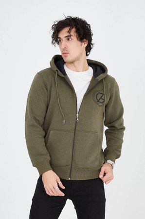 Erkek 3 İplik Pamuklu Fermuarlı Kapüşonlu Kanguru Cepli Baskılı Hoodie Hırka Sweatshirt - Yeşil