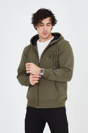 Erkek 3 İplik Pamuklu Fermuarlı Kapüşonlu Kanguru Cepli Baskılı Hoodie Hırka Sweatshirt - Yeşil