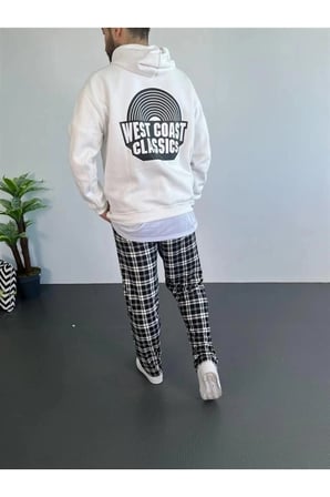 Marsilyan Erkek Oversize Kapüşonlu Sweatshirt Beyaz Baskılı Pamuklu 2XL