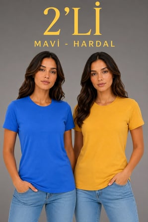 Kadın Basic Bisiklet Yaka Yazlık Slim fit T-Shirt - Mavi  Hardal Sarısı