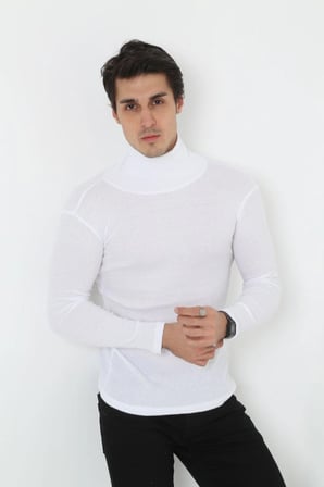Erkek Fitilli Kaşkorse Kumaş Boğazlı Full Likralı Slimfit Body - Beyaz