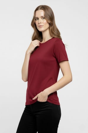 Kadın T-Shirt Bisiklet Yaka Slim Fit Likralı Tişört Yazlık Basic Body - Bordo