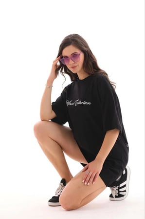 Kadın Kısa Kol Yazlık Tişört Bisiklet Yaka Baskılı Oversize T-Shirt - Siyah