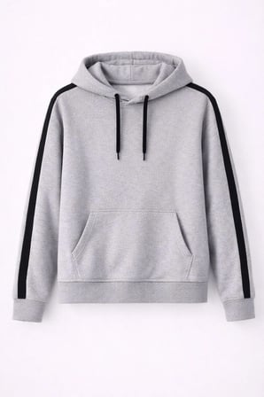Erkek Şeritli Kapüşonlu Sweatshirt Oversize 3 iplik Pamuklu - Gri