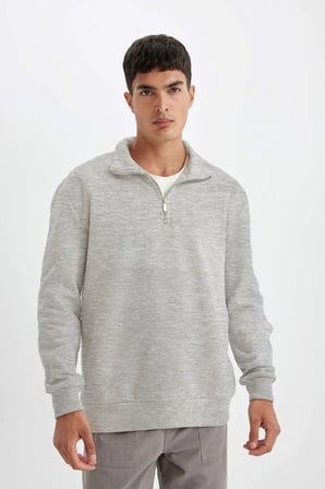 Uzun Kol Yarım Farmuarlı Yakalı Basic SweatShirt - Gri