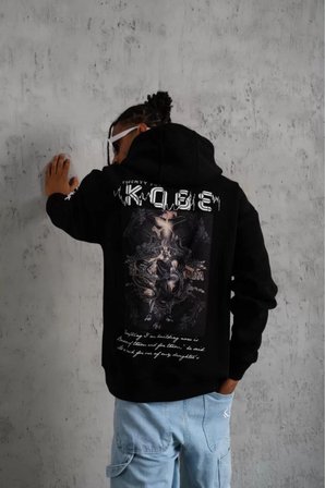 Marsilyan Siyah Kapüşonlu Oversize Sweatshirt L Beden Pamuk Kumaş Baskılı Kanguru Cepli
