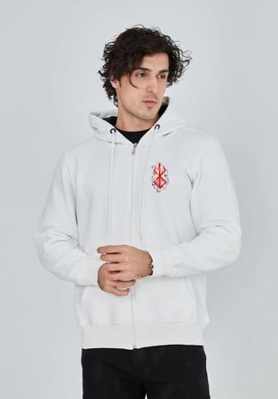Baskılı Tam Fermuarlı Kapşonlu SweatShirt - Beyaz