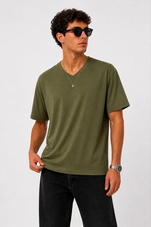 Erkek V Yaka Basic Tişört Kısa Kol Yazlık Regular Fit T-Shirt - Haki