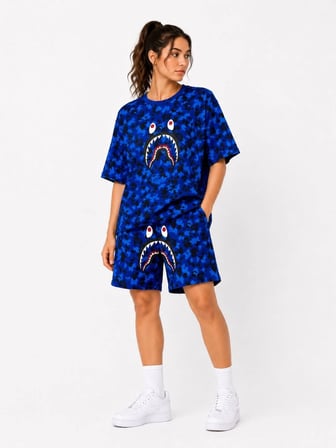 Kadın Oversize Kalıp Pubg Bape X Shark Nakışlı Cepli Şort Takım - Mavi