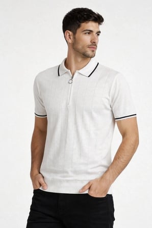 Erkek Triko Tişört Fermuarlı Polo Yaka Yazlık Kısa Kol T-Shirt 2’li Set Beyaz-Siyah