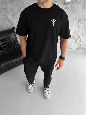 Bisiklet Yaka Baskılı Oversize T-Shirt - Siyah