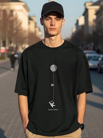 Marsilyan Unisex Tişört Siyah Oversize Grafik Desenli Bisiklet Yaka Kısa Kol