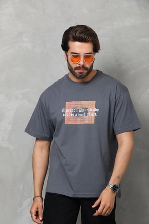 Bisiklet Yaka Baskılı Oversize T-Shirt - Füme