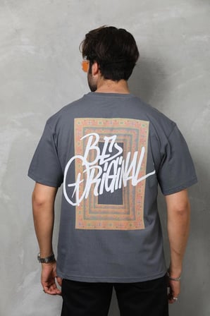 Bisiklet Yaka Baskılı Oversize T-Shirt - Füme