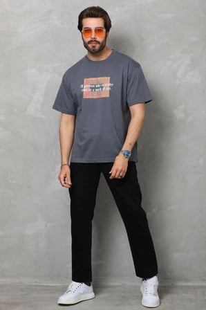 Bisiklet Yaka Baskılı Oversize T-Shirt - Füme