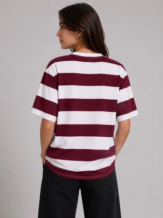 Kadın Çizgili Oversize Tişört Bisiklet Yaka Kısa Kol Yazlık T-Shirt - Bordo
