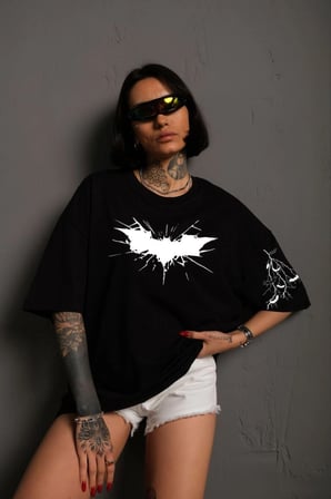 Ön ve Kol Baskılı Oversize T-shirt - Siyah