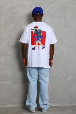 Oversize Baskılı Bisiklet Yaka T-Shirt - Beyaz