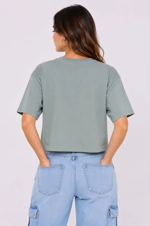 Kadın Kedi Baskılı Oversize Crop Tişört Salaş Basic Yarım Kol T-shirt - Mint Yeşili