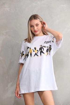 Bisiklet Yaka Baskılı Oversize T-Shirt - Beyaz