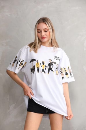 Bisiklet Yaka Baskılı Oversize T-Shirt - Beyaz