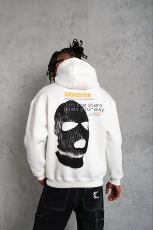 Kordonlu Maske Baskılı Kapüşonlu Sweat - Beyaz