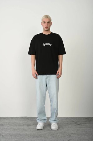 MARSİLYAN Unisex Tişört Siyah Oversize Bisiklet Yaka Baskılı M Beden Penye Kumaş