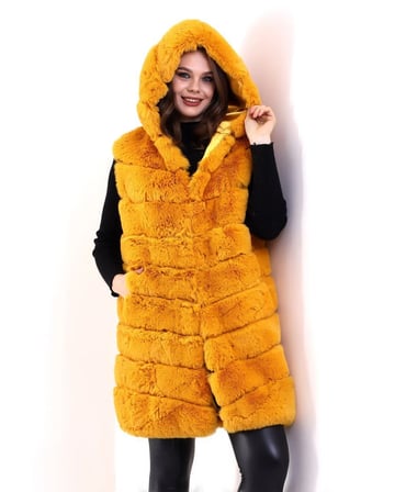 Kapşonlu Peluş Kürk Yelek Premium Kalite, Tam Astarlı, Uzun Model - Sarı
