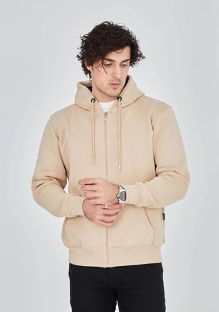 Tam Fermuarlı Kapşonlu  SweatShirt - Bej
