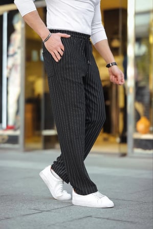 Cizgili Dokuma Krep Jogger Buggy Pantalon Rahat kalıp - Siyah