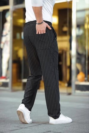 Cizgili Dokuma Krep Jogger Buggy Pantalon Rahat kalıp - Siyah