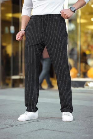 Cizgili Dokuma Krep Jogger Buggy Pantalon Rahat kalıp - Siyah