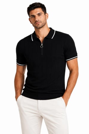 Erkek Fitilli Triko T-shirt Polo Yaka Yarım Fermuarlı Kısa Kollu Tişört - Siyah