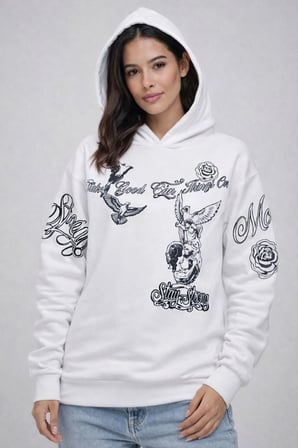 Kadın 3 İplik Pamuklu Kapüşonlu Baskılı SweatShirt hoodie - Beyaz