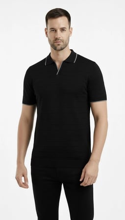 Erkek Yazlık Dokuma Triko Tişört Düğmesiz Polo Yaka Kısa Kol T-Shirt - Siyah