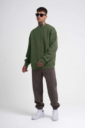 Biskilet Yaka Üç İplik SweatShirt - Haki
