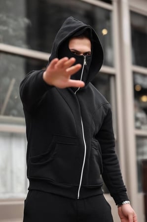Erkek Maskeli Ninja Model Çift Kapüşonlu 3 İplik Şardonlu Fermuarlı Sweatshirt - Siyah