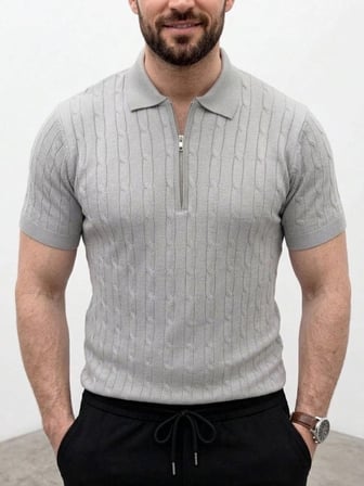 Erkek Yazlık Triko Saç Örgü Tişört Kısa Kol Polo Yaka Fermuarlı T-Shirt - Gri