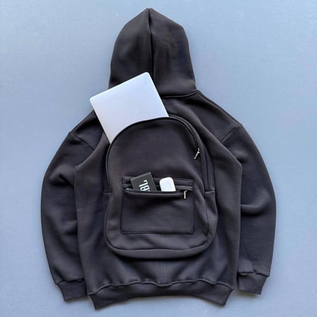 Kadın 3 İplik Şardonlu Tam Fermuarlı Kapüşonlu Arka Çanta Detaylı Sweatshirt - Siyah