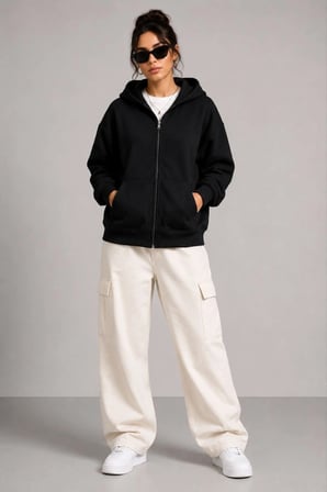 Kadın 3 İplik Şardonlu Tam Fermuarlı Kapüşonlu Arka Çanta Detaylı Sweatshirt - Siyah
