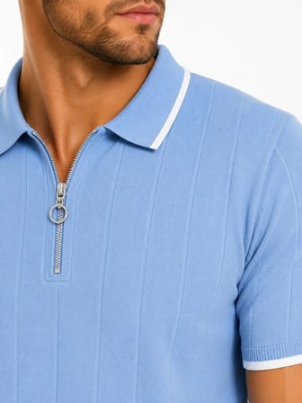 Erkek Fitilli Triko T-shirt Polo Yaka Yarım Fermuarlı Kısa Kollu Tişört - Açık Mavi