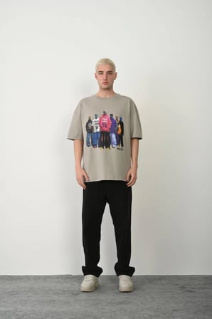 Erkek Baskılı T-Shirt Kısa Kol Bisiklet Yaka Rahat Kalıp Tişört - Boyalı Gri