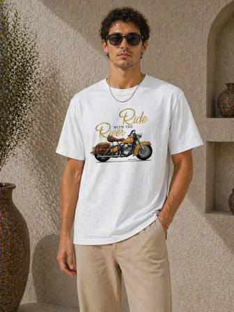 Erkek Motosiklet Baskılı Tişört Bisiklet Yaka Kısa Kol Yazlık T-Shirt - Beyaz