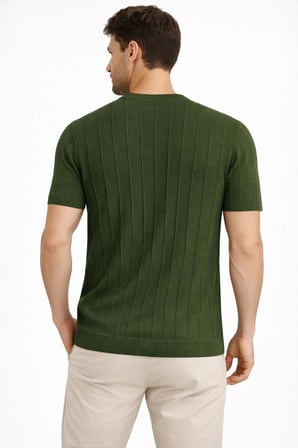 Erkek Yazlık Fitilli Triko Tişört Kısa Kol Bisiklet Yaka T-Shirt - Haki